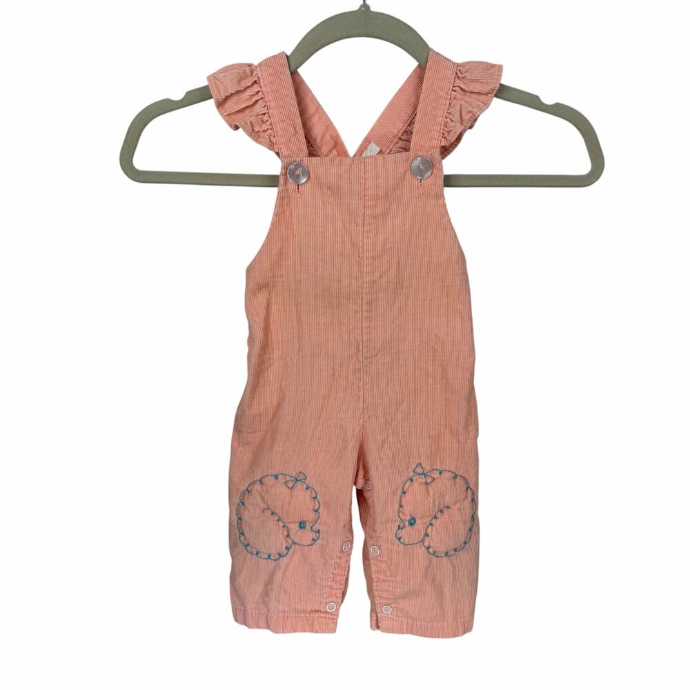 Vintage Overalls 12 Months Infant Pink Poodle Corduroy Ruffles Padded Knees